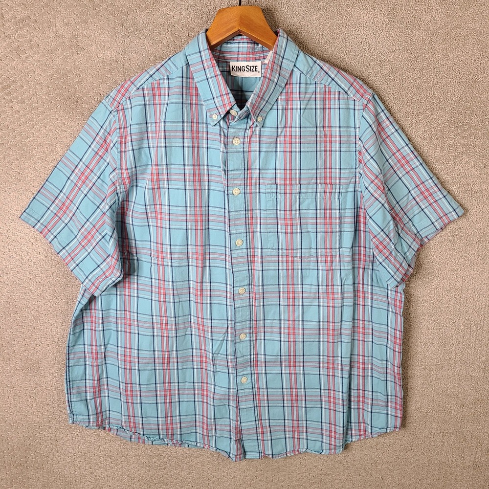 Vintage King Size Shirt Mens XL Blue Red Plaid Button Down Short Sleeve Cotton